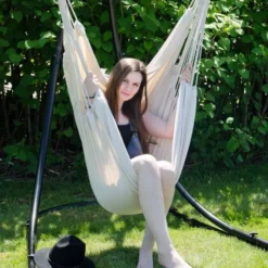 AMANKA Fauteuil Suspendu Pour Asseoir 2 Personnes Hamac 185x130cm Chaise 100% Coton Balançoire XXL 150kg Siège Pour Se Balancer Avec Pivot 360° Beige -Promos Jardin Lumi Magasin 10752722 5