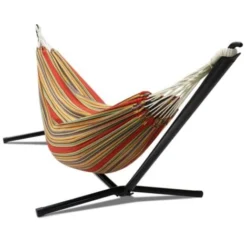 Hamac Avec Support Métal Et Toile Rayée Rouge Et Jaune