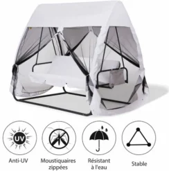OUTSUNNY Balancelle De Jardin Convertible 3 Places Grand Confort : Matelas Assise Dossier, Moustiquaire Intégrale Zippée Avec Toit, Pochette Rangement Métal époxy Polyester Blanc -Promos Jardin Lumi Magasin 11987121 4