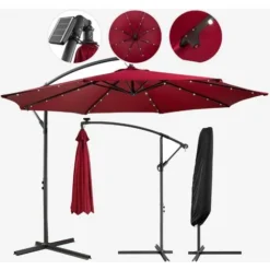 AREBOS Parasol De Terrasse/Jardin Parasol/Suspendu Avec éclairage / 40 LED Ø3m Rouge