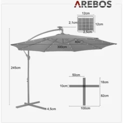 AREBOS Parasol De Terrasse/Jardin Parasol/Suspendu Avec éclairage / 40 LED Ø3m Rouge -Promos Jardin Lumi Magasin 12129851 5