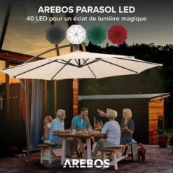 AREBOS Parasol De Terrasse/Jardin Parasol/Suspendu Avec éclairage / 40 LED Ø3m Créme -Promos Jardin Lumi Magasin 12438938 3