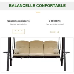 OUTSUNNY Balancelle De Jardin 3 Places Grand Confort Toit Inclinaison Réglable Coussins Plateaux Rétractables Polyester Filé Beige -Promos Jardin Lumi Magasin 17449975 4