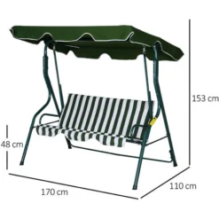 OUTSUNNY Balancelle De Jardin 3 Places Toit Imperméabilisé Inclinaison Réglable Coussins Assise Dossier 1,7L X 1,1l X 1,53H M Métal époxy Polyester Vert Blanc Rayé -Promos Jardin Lumi Magasin 18252961 3