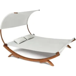 Lit De Jardin En Bois Avec Toile écrue Et Auvent