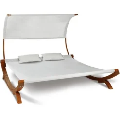 Lit De Jardin En Bois Avec Toile écrue Et Auvent -Promos Jardin Lumi Magasin 18254456 3