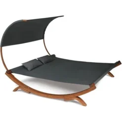 Lit De Jardin En Bois Avec Toile Gris Anthracite Et Auvent