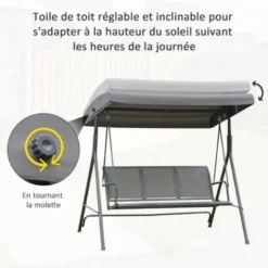 OUTSUNNY Balancelle De Jardin 3 Places Grand Confort Toit Inclinaison Réglable Assise Et Dossier Ergonomique Acier Textilène Gris -Promos Jardin Lumi Magasin 18679911 4