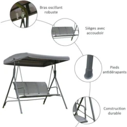 OUTSUNNY Balancelle De Jardin 3 Places Grand Confort Toit Inclinaison Réglable Assise Et Dossier Ergonomique Acier Textilène Gris -Promos Jardin Lumi Magasin 18679911 5