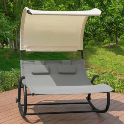 Bain De Soleil Transat à Bascule 2 Places Avec Auvent Et 2 Roulettes,SoBuy OGS50-HG -Promos Jardin Lumi Magasin 20801388 2