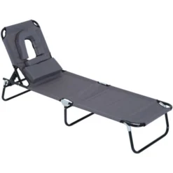 OUTSUNNY Transat De Jardin Chaise Longue Pliante Bain De Soleil Pour Lecture Gris