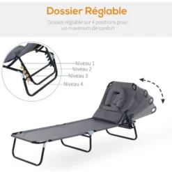 OUTSUNNY Transat De Jardin Chaise Longue Pliante Bain De Soleil Pour Lecture Gris -Promos Jardin Lumi Magasin 20895698 4