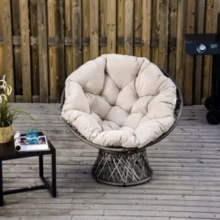 OUTSUNNY Fauteuil Rond De Jardin Fauteuil Papasan Pivotant Grand Confort Ø 97 X 90H Cm Grand Coussin Fourni Polyester Résine Tressée Crème -Promos Jardin Lumi Magasin 25007533 4