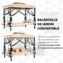 OUTSUNNY Balancelle De Jardin 3 Places Convertible Style Colonial Grand Confort 5 Coussins + Matelas + Moustiquaires Inclus 2,56L X 1,72l X 2,48H M Marron Clair -Promos Jardin Lumi Magasin 25009079 5