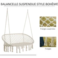 OUTSUNNY Chaise Suspendue Banc Suspendu Dim. 130L X 75l X 40H M Macramé Coton Polyester Beige -Promos Jardin Lumi Magasin 30632875 4