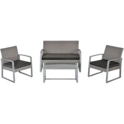 OUTSUNNY Ensemble Salon De Jardin Design Contemporain Style Yachting 4 Places Coussins Inclus Table Basse Métal époxy Résine Tressée Grise