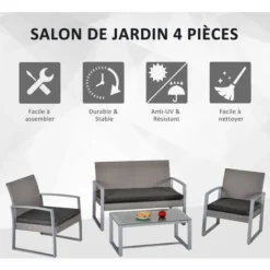 OUTSUNNY Ensemble Salon De Jardin Design Contemporain Style Yachting 4 Places Coussins Inclus Table Basse Métal époxy Résine Tressée Grise -Promos Jardin Lumi Magasin 31662311 4