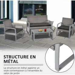 OUTSUNNY Ensemble Salon De Jardin Design Contemporain Style Yachting 4 Places Coussins Inclus Table Basse Métal époxy Résine Tressée Grise -Promos Jardin Lumi Magasin 31662311 5