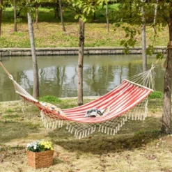 OUTSUNNY Hamac De Voyage Portable Style Hippie Chic Toile De Hamac Dim. 2L X 1l M Coton Polyester Rouge Crème Rayé -Promos Jardin Lumi Magasin 32126912 4