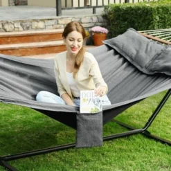 Songmics Hamac, Hamac D'extérieur De Camping, Lit Suspendu, 2 Barres En Bois, Avec 2 Oreillers, Capacité De Charge 300 Kg, 210 X 150 Cm, Gris GDC022G01 -Promos Jardin Lumi Magasin 32243175 3