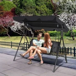 GOPLUS Balancelle De Jardin 3 Places 170x120x153CM-avec Auvent Réglable-Swing De Jardin Tissu En Textilène-Cadre En Acier-Noir