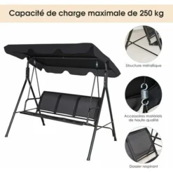 GOPLUS Balancelle De Jardin 3 Places 170x120x153CM-avec Auvent Réglable-Swing De Jardin Tissu En Textilène-Cadre En Acier-Noir -Promos Jardin Lumi Magasin 34761083 3