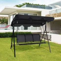 GOPLUS Balancelle De Jardin 3 Places 170x120x153CM-avec Auvent Réglable-Swing De Jardin Tissu En Textilène-Cadre En Acier-Noir -Promos Jardin Lumi Magasin 34761083 5