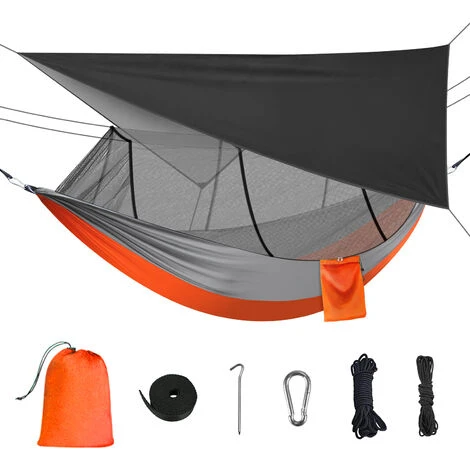 Hamac Avec Moustiquaire Et Bâche, 300 Kg Capacité De Charge, 260x140cm Hamac, 300×300 Cm Camping Bâche, Pour LRandonnée, Activités Extérieures (Orange/Noir) 1 Hamac Avec Moustiquaire Et Bâche, 300 Kg Capacité De Charge, 260x140cm Hamac, 300×300 Cm Camping Bâche, Pour LRandonnée, Activités Extérieures (Orange/Noir)