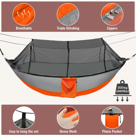 Hamac Avec Moustiquaire Et Bâche, 300 Kg Capacité De Charge, 260x140cm Hamac, 300×300 Cm Camping Bâche, Pour LRandonnée, Activités Extérieures (Orange/Noir) 2 Hamac Avec Moustiquaire Et Bâche, 300 Kg Capacité De Charge, 260x140cm Hamac, 300×300 Cm Camping Bâche, Pour LRandonnée, Activités Extérieures (Orange/Noir) – Image 2