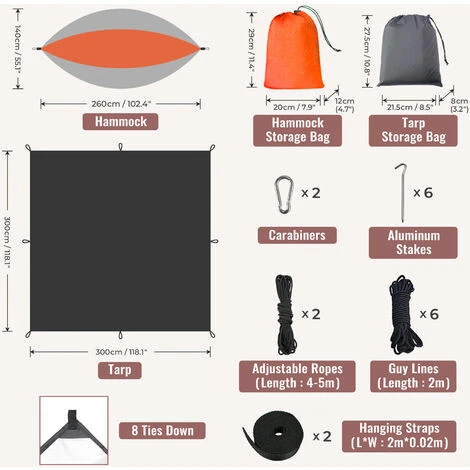 Hamac Avec Moustiquaire Et Bâche, 300 Kg Capacité De Charge, 260x140cm Hamac, 300×300 Cm Camping Bâche, Pour LRandonnée, Activités Extérieures (Orange/Noir) 3 Hamac Avec Moustiquaire Et Bâche, 300 Kg Capacité De Charge, 260x140cm Hamac, 300×300 Cm Camping Bâche, Pour LRandonnée, Activités Extérieures (Orange/Noir) – Image 3