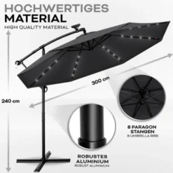 Tillvex Parasol Déporté LED Solaire (Beige) En Aluminium 300 Cm - Avec Manivelle - Avec Interrupteur Marche/arrêt - Protection UV - Parasol à Manivelle Avec Pied - Imperméable -Promos Jardin Lumi Magasin 36837203 5