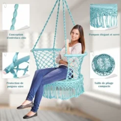 COSTWAY Hamac Chaise Suspendu Balançoire,1 Place,en Coton,Intérieur Extérieur Pour Jardin Loisirs Patio Camping Bleu -Promos Jardin Lumi Magasin 37864776 4