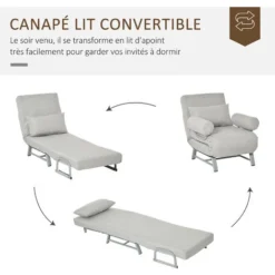 HOMCOM Fauteuil Chauffeuse Canapé-lit Convertible Inclinable 1 Place Grand Confort Coussin Lombaires Accoudoirs Piètement Métal Lin Gris Clair -Promos Jardin Lumi Magasin 37891427 5