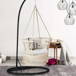 GOPLUS Chaise Suspendue Boheme Tissee Avec Frange,Chaise Hamac Avec Dossier Large Et Accoudoirs Integres, Chaise Pivotante Avec Installation Rapide Avec Anneaux,Jusqu’a 160KG，beige -Promos Jardin Lumi Magasin 40252015 3