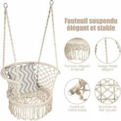 GOPLUS Chaise Suspendue Boheme Tissee Avec Frange,Chaise Hamac Avec Dossier Large Et Accoudoirs Integres, Chaise Pivotante Avec Installation Rapide Avec Anneaux,Jusqu’a 160KG，beige -Promos Jardin Lumi Magasin 40252015 4