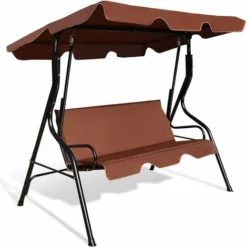 GOPLUS Balancelle De Jardin 3 Places 170x110x153CM-avec Auvent Réglable-Swing De Jardin Tissu En Polyester-Cadre En Acier-Brun