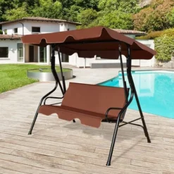 GOPLUS Balancelle De Jardin 3 Places 170x110x153CM-avec Auvent Réglable-Swing De Jardin Tissu En Polyester-Cadre En Acier-Brun -Promos Jardin Lumi Magasin 42541966 4