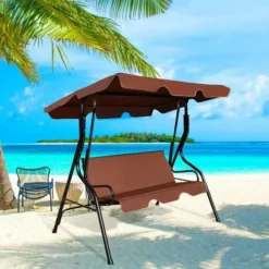 GOPLUS Balancelle De Jardin 3 Places 170x110x153CM-avec Auvent Réglable-Swing De Jardin Tissu En Polyester-Cadre En Acier-Brun -Promos Jardin Lumi Magasin 42541966 5