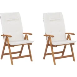 Lot De 2 Chaises Pliantes En Bois D'Acacia Clair Avec Coussins Blanc Cassé Java