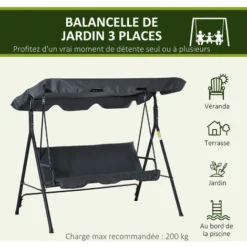 OUTSUNNY Balancelle De Jardin 3 Places Toit Inclinaison Réglable Coussins Assise Et Dossier 1,72L X 1,2l X 1,53H M Acier époxy Noir Polyester Gris -Promos Jardin Lumi Magasin 49183625 4