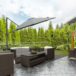 OUTSUNNY Parasol Déporté Octogonal Inclinable Rotatif 360° Manivelle Piètement Acier Mât Alu. Dim. Ø 2,95 X 2,5H M Polyester Haute Densité Gris -Promos Jardin Lumi Magasin 49597907 4