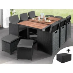 Cuba - Salon De Jardin Encastrable 10 Places - En Résine Tressée - Noir Avec Coussins Gris + Housse De Protection