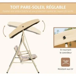 OUTSUNNY Balancelle De Jardin 3 Places Grand Confort Toit Inclinaison Réglable épais Coussins Amovibles Polyester Acier époxy Beige -Promos Jardin Lumi Magasin 50909155 4