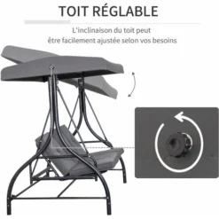 OUTSUNNY Balancelle De Jardin 3 Places Convertible Inclinaison Toit Réglable Matelas Grand Confort Rembourrage 8 Cm Fourni Gris Métal époxy Noir -Promos Jardin Lumi Magasin 52444474 4