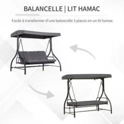 OUTSUNNY Balancelle De Jardin 3 Places Convertible Inclinaison Toit Réglable Matelas Grand Confort Rembourrage 8 Cm Fourni Gris Métal époxy Noir -Promos Jardin Lumi Magasin 52444474 5