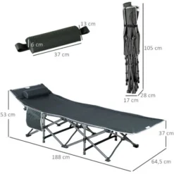 OUTSUNNY Lit De Camp Lit D'appoint Pliable Dim. 188L X 64,5l X 53H Cm Pochette Rangement, Tétière, Sac De Transport Inclus Métal Oxford Gris -Promos Jardin Lumi Magasin 52444497 3