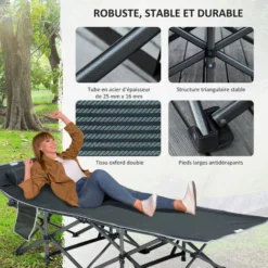 OUTSUNNY Lit De Camp Lit D'appoint Pliable Dim. 188L X 64,5l X 53H Cm Pochette Rangement, Tétière, Sac De Transport Inclus Métal Oxford Gris -Promos Jardin Lumi Magasin 52444497 4
