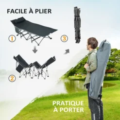 OUTSUNNY Lit De Camp Lit D'appoint Pliable Dim. 188L X 64,5l X 53H Cm Pochette Rangement, Tétière, Sac De Transport Inclus Métal Oxford Gris -Promos Jardin Lumi Magasin 52444497 5