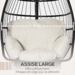 OUTSUNNY Fauteuil Suspendu De Jardin - Fauteuil Oeuf Suspendu - Balancelle Pliante - Coussin, Support Inclus - Dim. 101L X 101l X 188H Cm - Métal époxy PE Polyester Crème -Promos Jardin Lumi Magasin 53591970 4