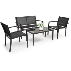 Ensemble De Salon De Jardin Extérieur Meuble De Jardin 4 Pièces En Rotin 3 Chaises Et 1 Table En Verre Trempé Pour Jardin, Balcon, Noir - IntimaTe WM Heart